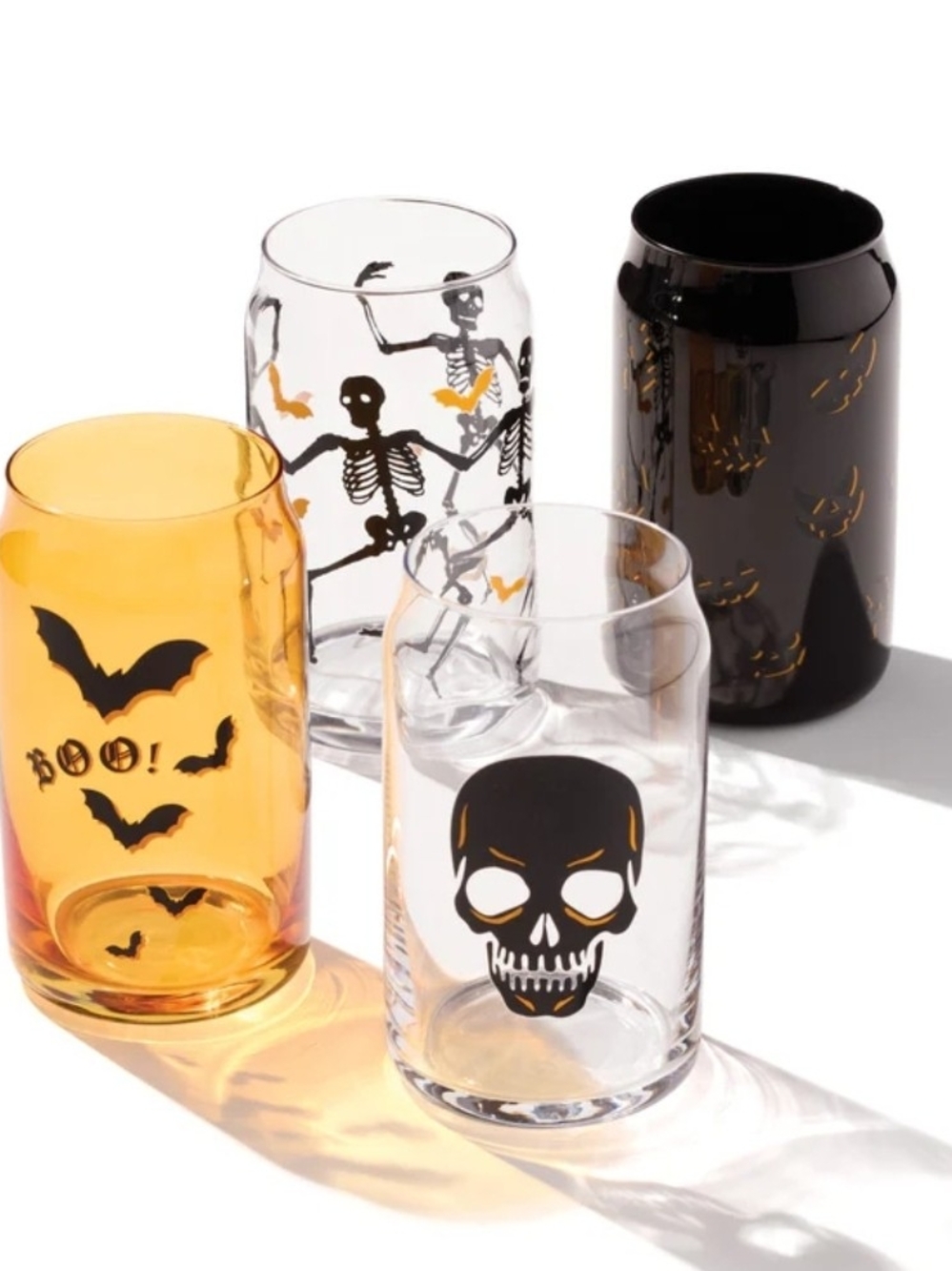 Oneida Vintro Halloween Glass Tumbler Set 4 Clear Black Skull Bat Skeleton NEW